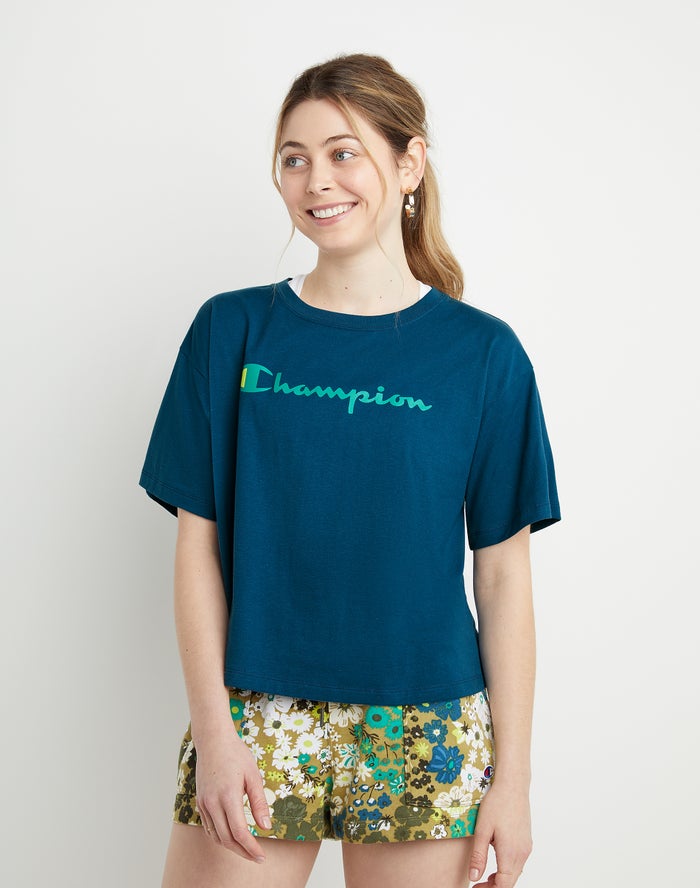 Camiseta Champion Mujer - Cropped Script Logo ( Azules ) 9462087-VI